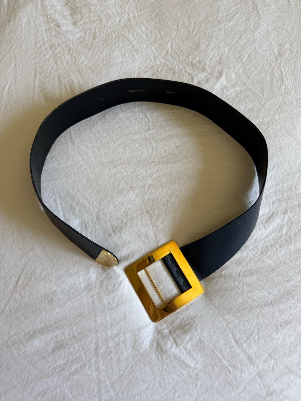 Christian Dior Vintage Blue Leather Waist Belt with Gold Square Buckle Accent